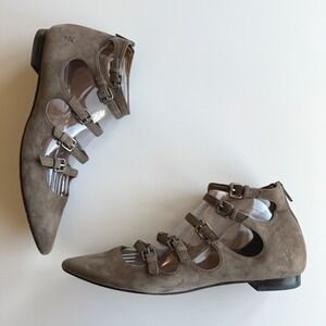 Frye Sienna Strappy Buckle Dark Taupe Suede Pointed Toe Flats wmn 10